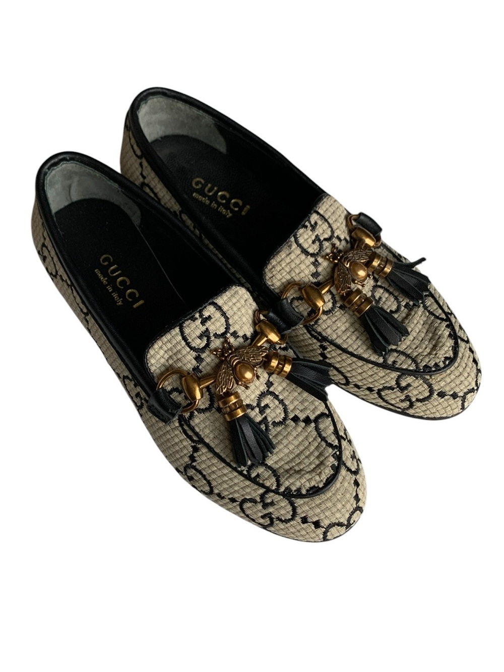 🆕 GG Jordaan Canvas Tassel Horsebit Loafers – Beige/Black 🆕